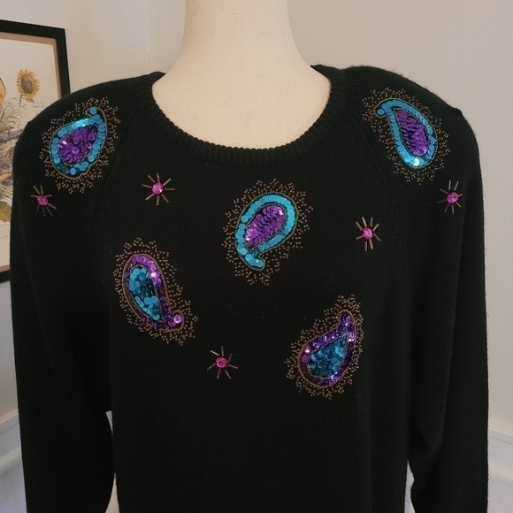 VINTAGE 80s Sequin Beaded Maxi Sweater Dress Long Sleeve Medium - Picture 2 of 8